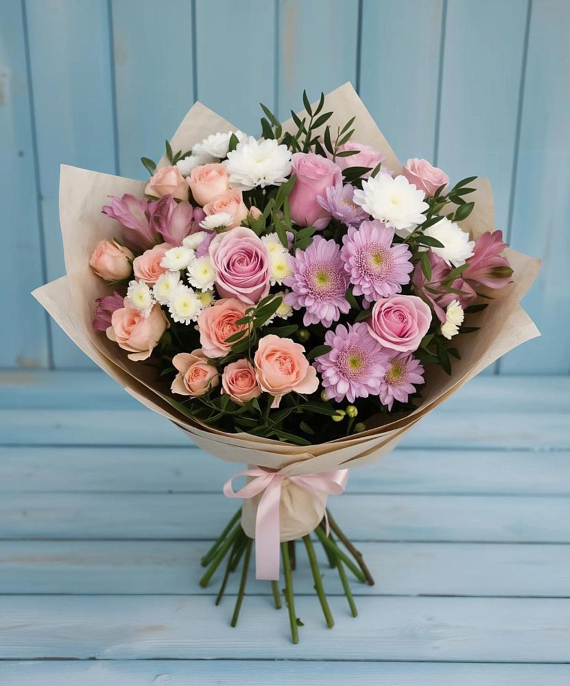 Букет цветов из: Хризантемы, Розы и Альстромерии в Большие Парфенки