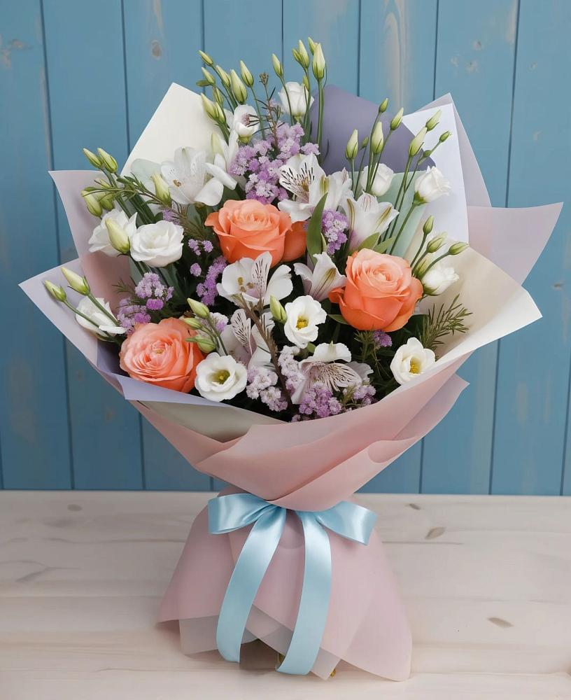 Букет цветов из: Лизиантусы, Розы, Альстромерии и Гипсофила в Большие Парфенки