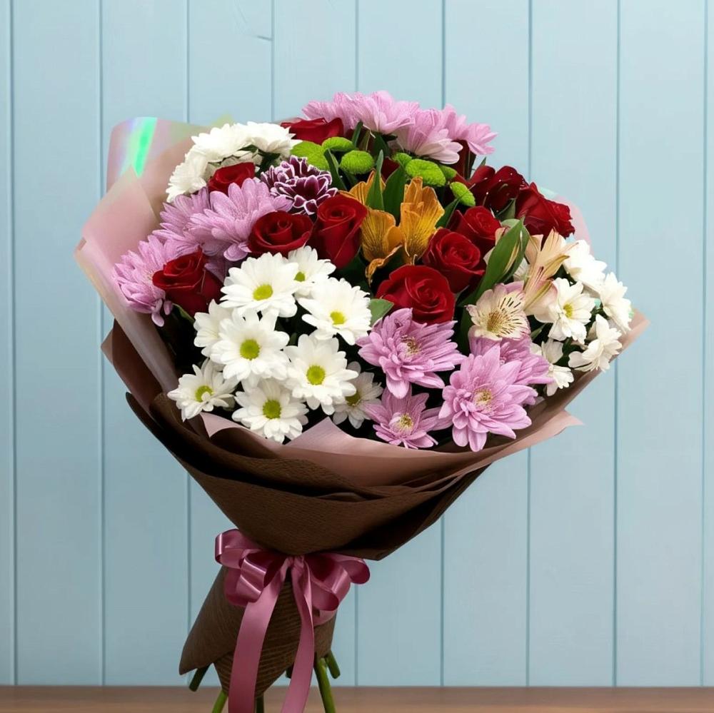 Букет цветов из: Розы, Хризантемы и Альстромерии в Большие Парфенки